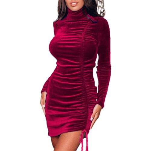 2021 New Autumn Women Dress Bodycon Dress Drawstring Turtleneck Autumn Winter Slim Solid Color Long Sleeve Dress Streetwear