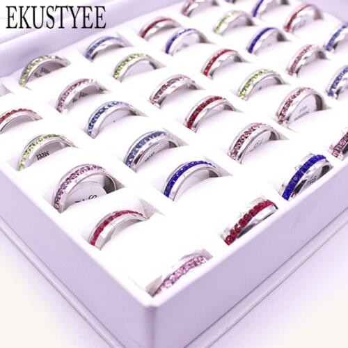 New Wholesale Colorful Mix 24 Pcs Crystal Stainless Steel rings Wholesale Jewelry Lots style Mixed Lots Full Crystal Rhinestone