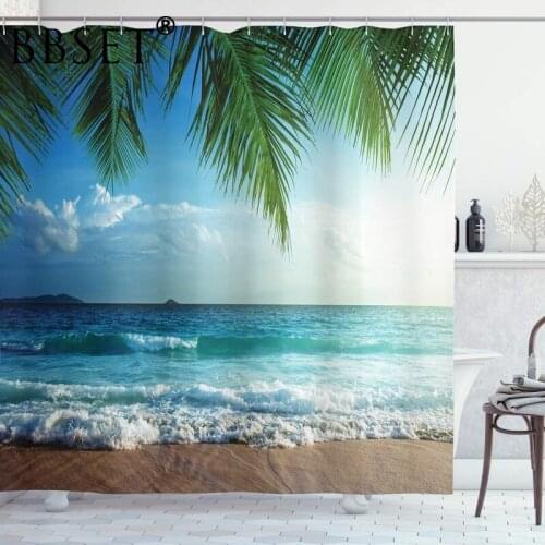 Charming Ocean Shower Curtain Palms Tropical Island Beach Pattern Waterproof Multi-size Douchegordijn Bathroom Decor with Hooks