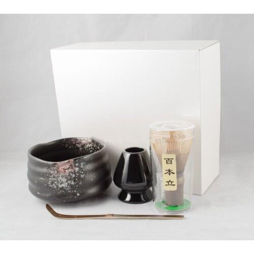 Charming 4in1 Black Giftset of Matcha Green Tea Tools Flambed Glazed Matcha Bowl Handmade Bamboo Chasen Whisk Holder and Scoop