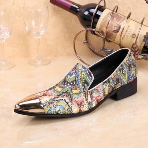 Christia Bella Personalized Fashion Large Size Color Print Genuine Leather Man Pointed Toe Shoes Crystals Mens Party Prom Shoes