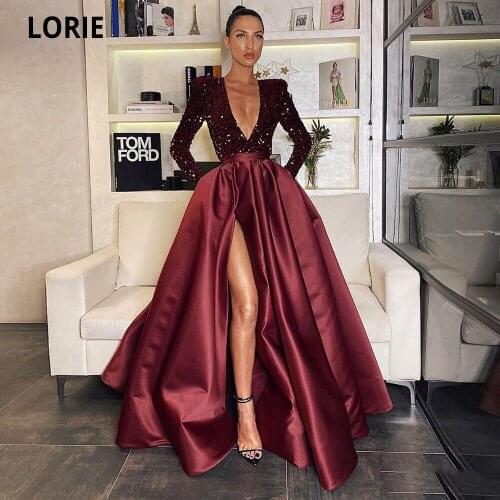 LORIE Burgundy Evening Dresses Sexy V-Neck Sequined Top Satin Skirt High Side Split Arabic Prom Gown Floor Length Party Dress