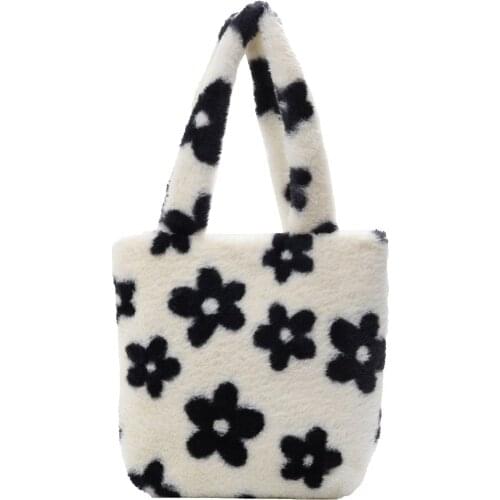 Popular Simple Female Daily Bag Vintage Fluffy Flower Printed Handbag Autumn Lady Plush Top-handle Shoulder Bags