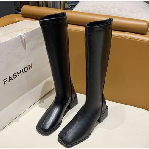 2020 INS Fashion Women 5cm Black Block High Heels Thigh High Boots Winter Warm Fur Long Boots Square Toe Knee High Boots Shoes