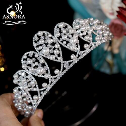 ASNORA Cubic Zirconia Bridal Crown Headdress Baroque Crystal , Bridal Pearl Tiara Hair Crown Wedding Hair Accessories