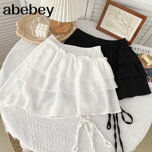 2021 New Summer Women Sweet versatile solid A-line Skirt high waist bandage short layer Ruffles cake Skirt