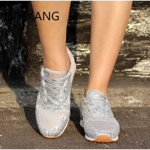 Women Bling Sneakers Female Lace Up Flats Woman Mesh Platform Ladies Comfortable Shoes Womens Vulcanized Plus Size 43