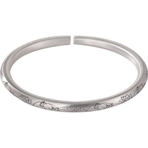 S999 pure silver bracelet personality retro matte Buddhas-hand Lotus womens sterling silver open bracelet