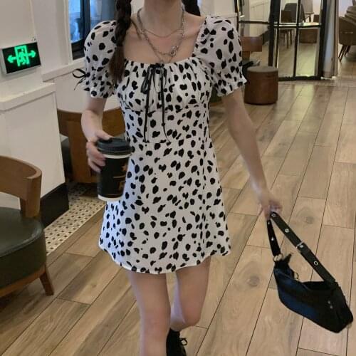 2020 summer new Korean style puff sleeve waist slimming cow pattern print square collar short dress slim dress women