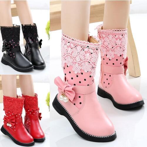 Girl Winter High Boots Fashion Dress Shoes With Fur Kids Snow Boots Girls Bow Tie Lace Pearl Fashion Boots Children Warm Boots