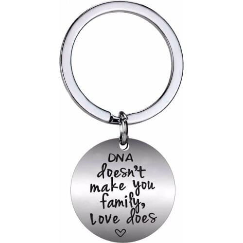 12PC/Lot Charm DNA Doesn't Make You Family,Love Does keychain Gift For Mothers Fathers Dad Mom Key chain Stainless Steel Keyring