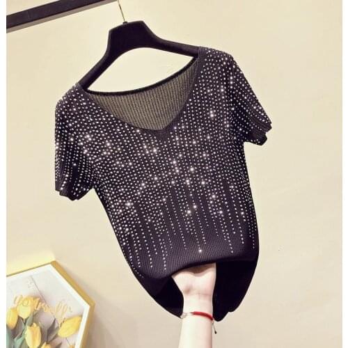 2021 Summer New Shiny Knitted Top V-neck Diamonds T-shirt Top Women Loose Tees Top Female Bling Half Sleeve Solid T-shirt X135
