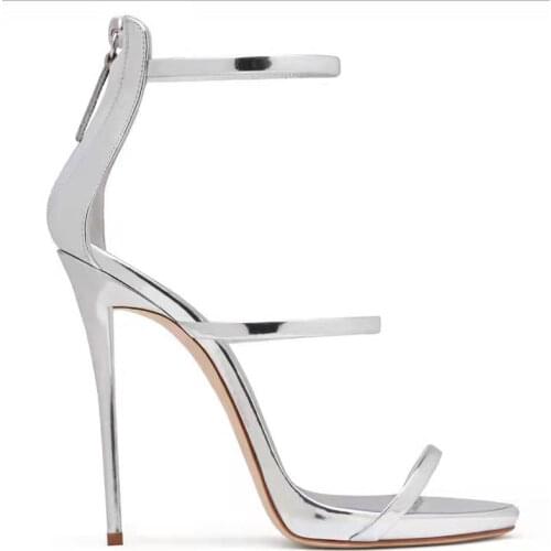 Carollabelly New Three Straps High Heels Basic Strappy Heeled Dress Shoes Rose Gold Leather Shiny Blue Slim Platform Sandals