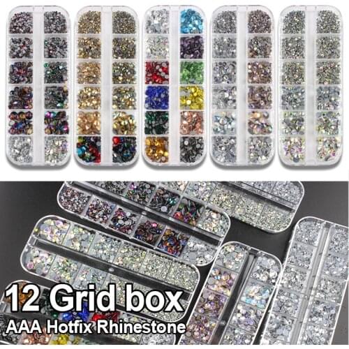 AAA Rhinestone New Sale 12 Grid box Hotfix Rhinestone Mix Packing for 3D Nail DIY Decorations