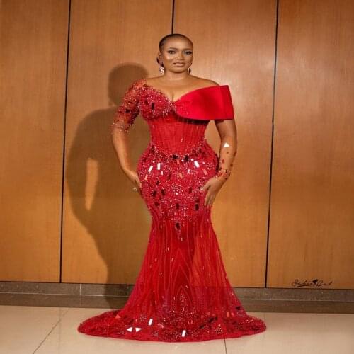 Aso Ebi Red Prom Dresses Gorgeous Off Shoulder Beaded Sheer Long Sleeves Plus Size Evening Gowns See Through Mermaid Party Dress