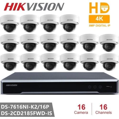 Hikvision Video Surveillance DS-7616NI-K2/16P Embedded Plug & Play NVR 4K + 16pcs Hikvision 8MP H.265 IP Camera DS-2CD2185FWD-IS