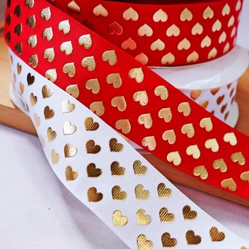 38mm 1/2'' 2yards Hearts Printed Gold Foil grosgrain Ribbons For Party Wedding Decorations Gift Wrapping Hair Bows DIY materials