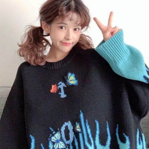 Fashion autumn and winter new flame letter butterfly embroidery sweater loose lazy couple pullover sweater women clothes 2021