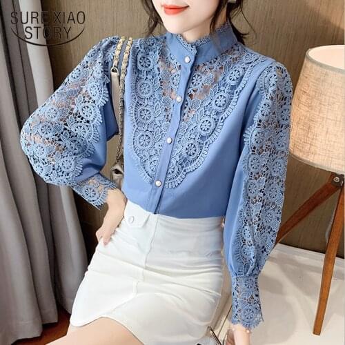 Spring New Crochet Hollow Lace Stitching Korean Style Blouse Women Sexy Puff Sleeve Stand-up Collar Bottoming Thin Shirt 12731