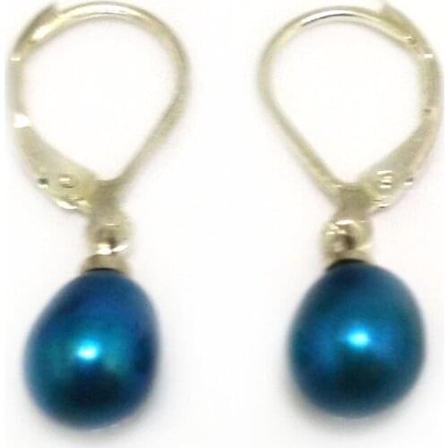 Wholesale 7-8mm Acid Blue Natural Rainrdrop Freshwater Cultured Pearl Silver Leverback Earring