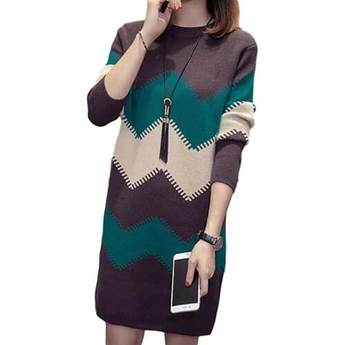 Autumn Winter New Bottoming Shirt Dress Fashion Plus Size Pullover Sweater Woman Striped Color Match Mid-lLength Knitted Pullove