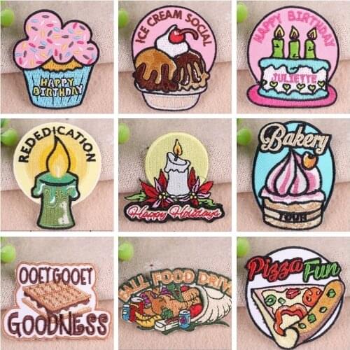 Fine Sweet Bakery Ice Cream Pizza Candle Embroidery Patches Iron On Appliques 3D DIY Biscuits Food Decoration Clothes Stickers