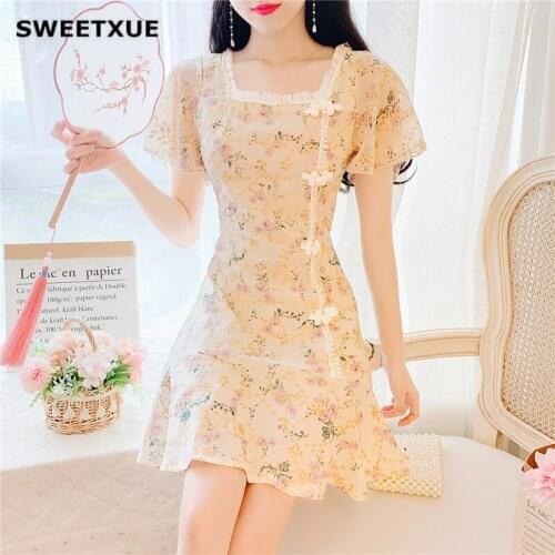 SWEETXUE Retro Floral Improved Sheongsam Dress Sexy Square Collar Female Lotus Leaf Cute Casual Holiday Dresses Womens
