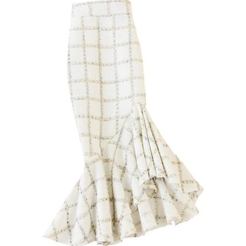 Plus size 4XL!Small fragrance plaid woolen mermaid skirt women high waist autumn winter irregular package hip trumpet skirt