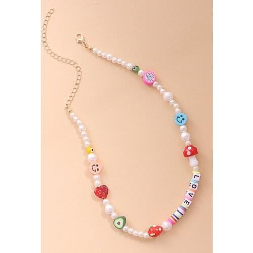 Origin Summer Cute Pearl Polymer Clay Smile Face Chokers Necklace for Women Letters Heart Beaded Mushroom Necklace Jewelry