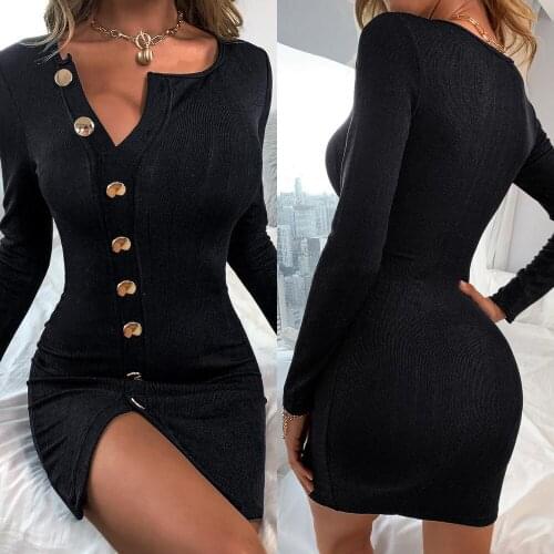 Sale Spring Autumn Knitted Bodycon Black Women Dress Sexy Deep V Long Sleeve Dresses Woman Fashion Buttons Split mini Dress D30