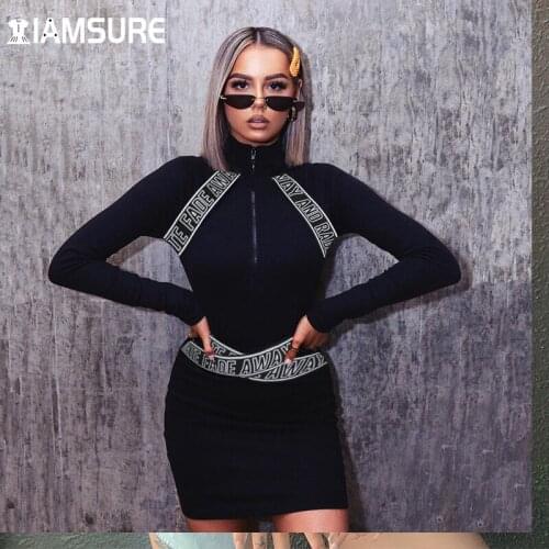 IAMSURE Sexy Slim Black Character Dress 2021 Autumn Spring Fashion Zipper Turtleneck Long Sleeve Mini Dresses Casual Streetwear