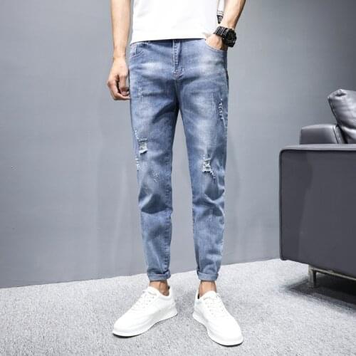 Spring Summer New Mens Jeans Fashion Denim Pencil Pants Male Casual Slim-Fit Simple Stretch Trousers