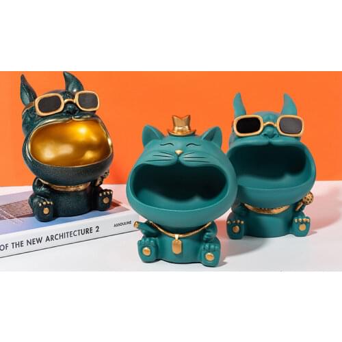 Modern Cool Dog Cat Figurine Resin Big Mouth Animal Storage Box Statue Decorative Keys Candy Storage Basket Home Decor Ornaments
