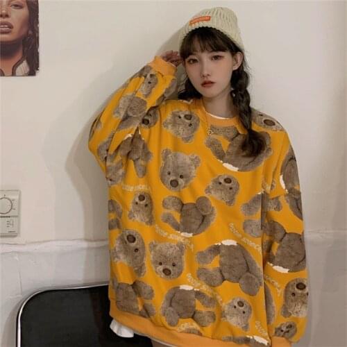 Crew Neck Vintage Bear Kawaii Sweatshirt Women Loose Long Sleeve Plus Velvet Pullover Tops Anime Hoodie Cute Sweatshirt Clothing