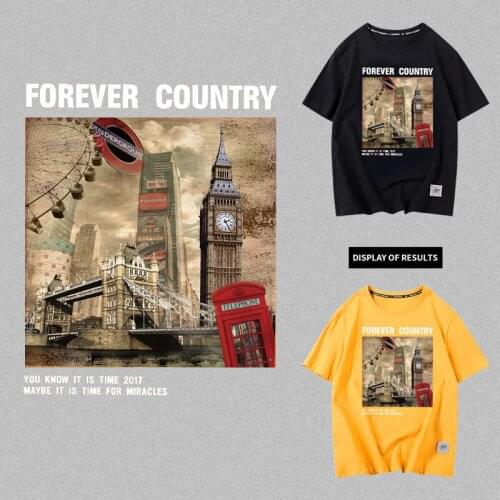 Retro European city buildings DIY pattern heat transfer printing printed on summer young peoples T-shirt clothes Accessories