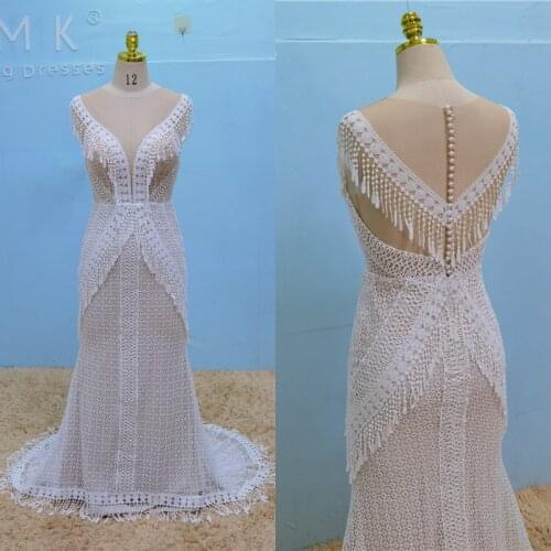 Chic Boho Tassel Crochet Lace Mermaid Wedding Dress Elegant illusory Tulle V Neck Short Sleeve Wedding Bridal Gowns