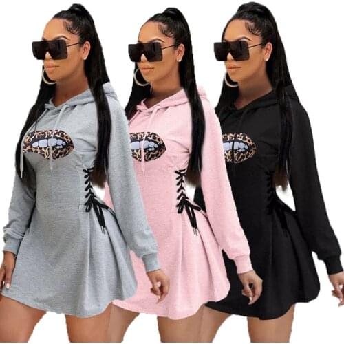 Spring Hooded Woman Dress Sexy Print Bandage Slim Mall Goth Long Sleeve Dresses Sweet Evening Party Birthday Outfit Y2k Clothess