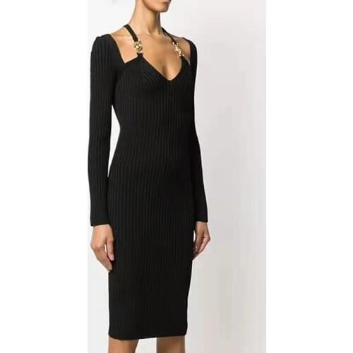 High Quality Black Slip Long Sleeve Bodcyon Rayon Bandage Dress Elegant Club Party Dress Vestidos
