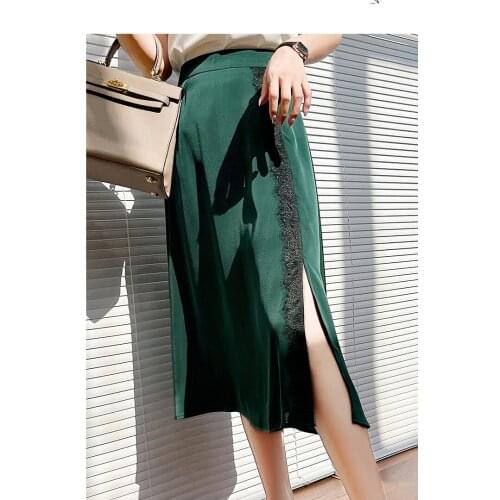 2021summer new Satin High Waist midi Skirts Women solid Lace Split fork a-line skirt Retro Party Outfits Streetwear