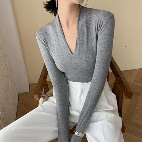 Bottomed Blouse Spring With Sexy V-neck Slim Fit Long Sleeve T-shirt Solid Color Pure T Shirt Women Clothing Woman Tshirts