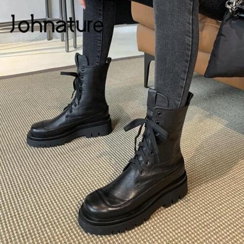 Johnature Genuine Leather Shoes Women Boots Lace-up British Style 2021 New Autumn Handmade Fashion All-match Platform Boots