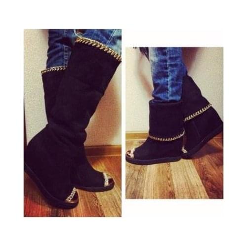 New fashion round toe wedge boots black suede gold chains height increasing knee high boots woman fashion boots