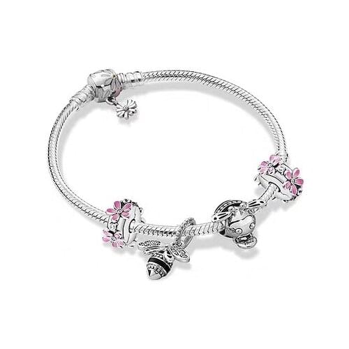 100%925 sterling silver Spring Pink flower bee lovely sweet heart high quality fashion Pan bracelet jewelry