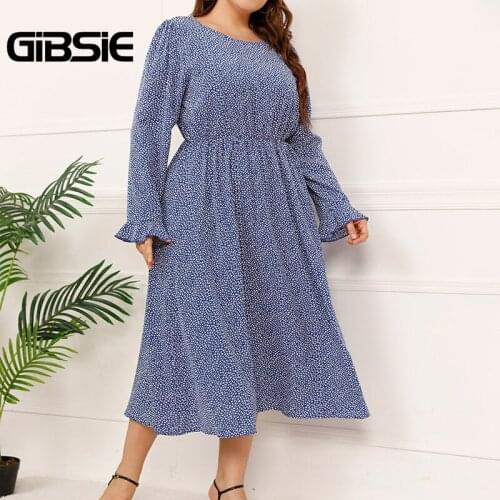 GIBSIE Plus Size Ditsy Floral Print Long Dress Women Autumn Elegant High Waist Long Sleeve O-Neck A-line Ladies Dresses 2021