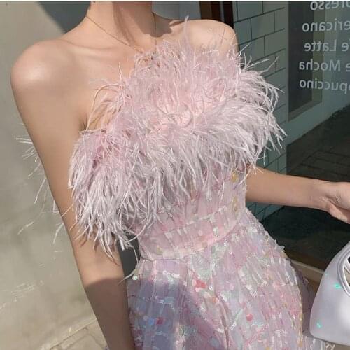 Pink Color Real Feather Women Party Long Dresses Summer Sequined Good Quality Summer Ball Gown Dress Vestidos Clothing