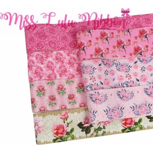 16mm-75mm Retro Flower Series Pink Rose Printed Grosgrain/Foe Ribbon Lace DIY Hair Bowknots Party Decor 50yards/roll