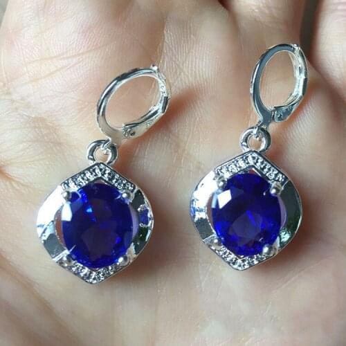 Shine Silver Plated Crystal Dangle Drop Earring Oval Blue Zircon Bridal Earrings Wedding Jewelry Cocktail Party Women Jewelry