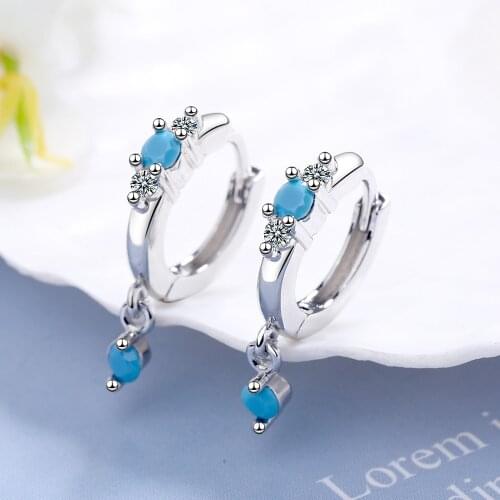 Boho Female Blue Zircon Stone Earrings Charm Gold Silver Color Hoop Earrings Cute Bride Round Crystal Wedding Earrings For Women