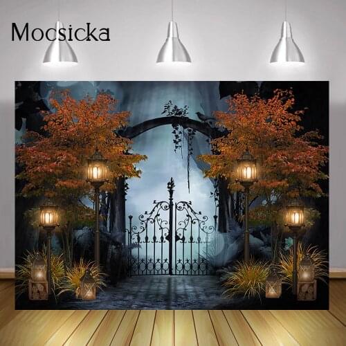 Halloween Scary Night Backdrop Retro Castle Iron Gate Birthday Portrait Background Photo Studio Street Light Maple Photography