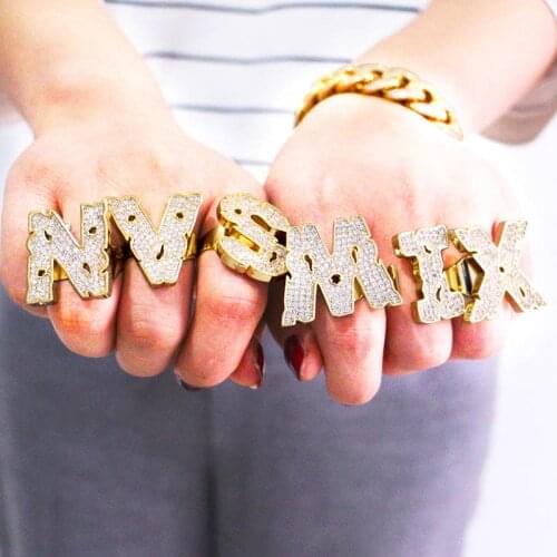 Hip Hop AAA Cubic Zirconia Paved Bling Iced Out Bubble Letter Ring Bling CZ Rings Women Men Club Rapper Jewelry adjustable size